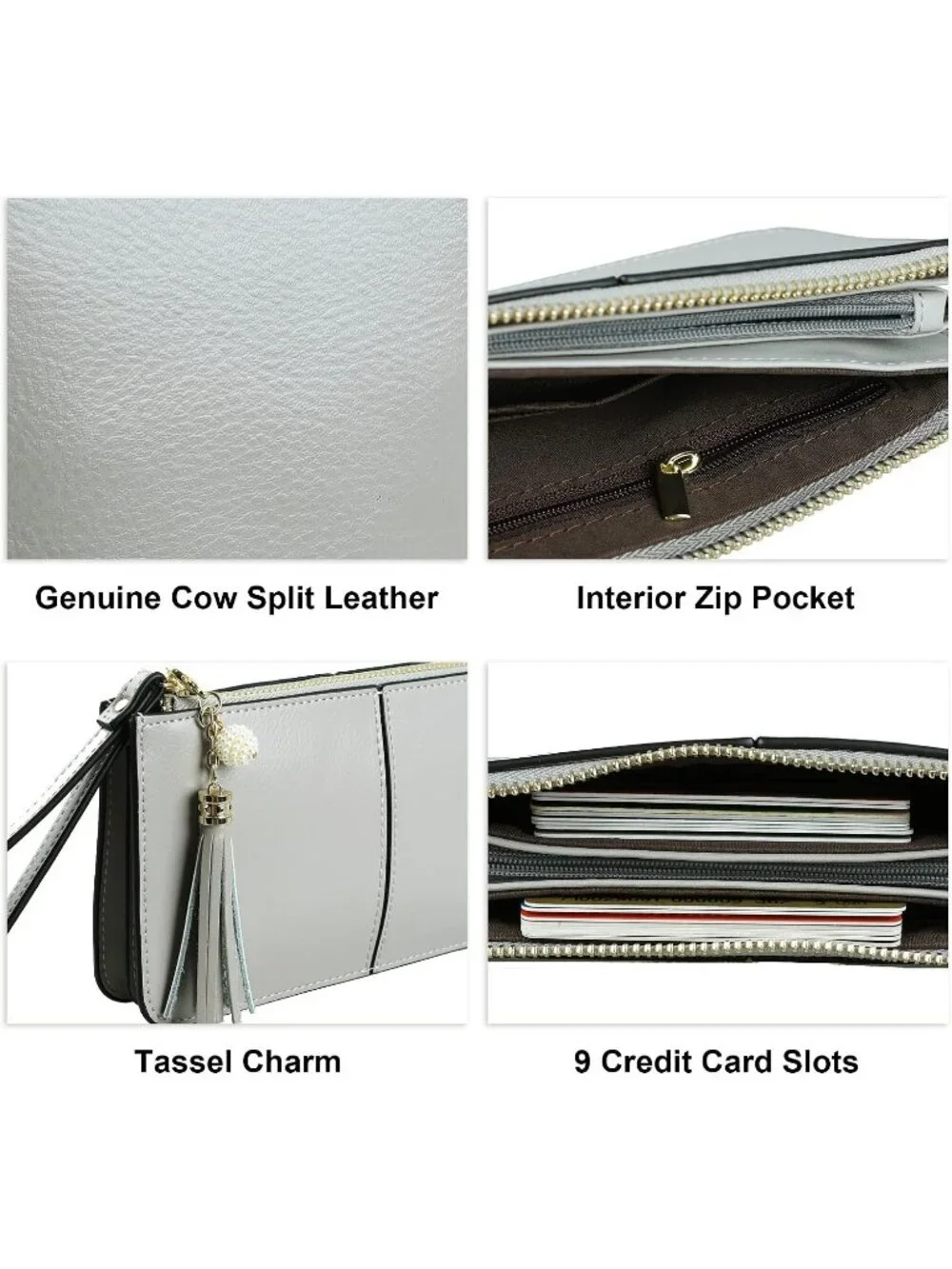 Women's Gray Taupe Leather Wristlet Clutch Wallet redit Card Holder Purse